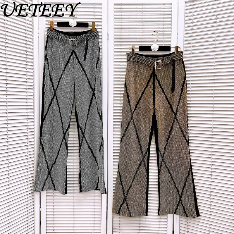 

Heavy Industry Full Leg Hot Diamond Wide Leg Pants Women Pocket Diamond Sparkling Belt High Waisted Trousers Loose Casual Pants