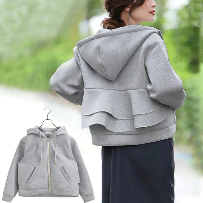 Hooded Zip Up Sweatshirt Women Y2K Aesthetic Solid All-match Cute Spring Cropped Cardigan Jacket Korean Ruffles Short Hoodies