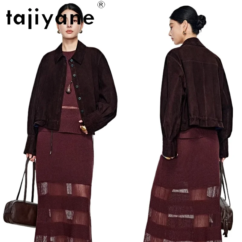 

TAJIYANE 100% Real Sheepskin Jackets Woman Fashion Coffee Short Coats Suede Genuine Leather Jacket 2026 Spring Women Clothes 자켓