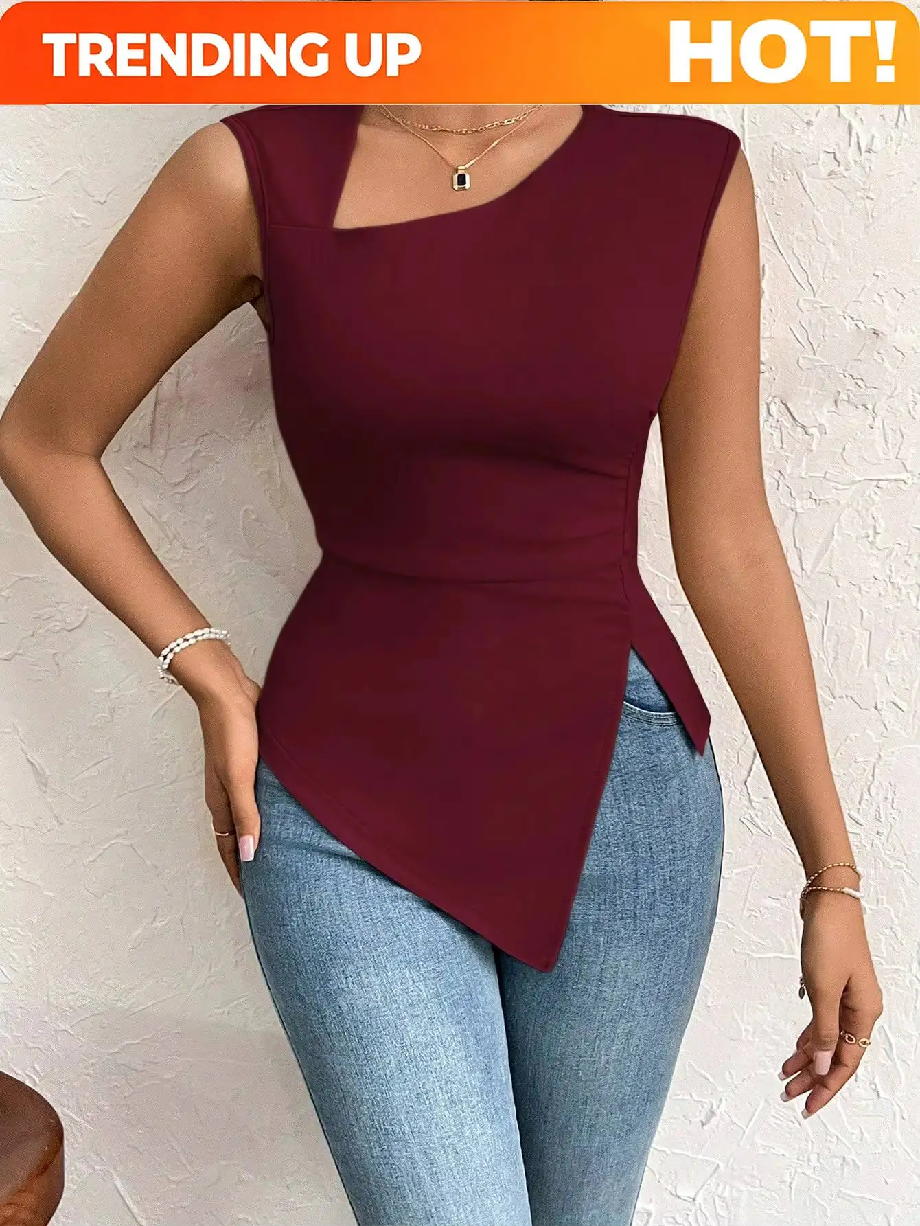 Women's Sleeveless Top Burgundy Side Ruched Asymmetric Hem One-Shoulder Cutout Spring Summer Elegant Stylish Daily Dating Casual