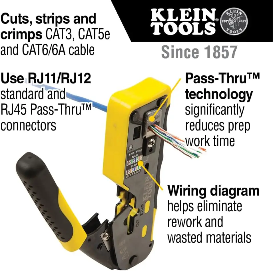 Alat Crimping Kabel Data Ratcheting dengan Steker CAT6 50-Pack, Kit Alat Instalasi Pass Thru untuk Suara dan Data