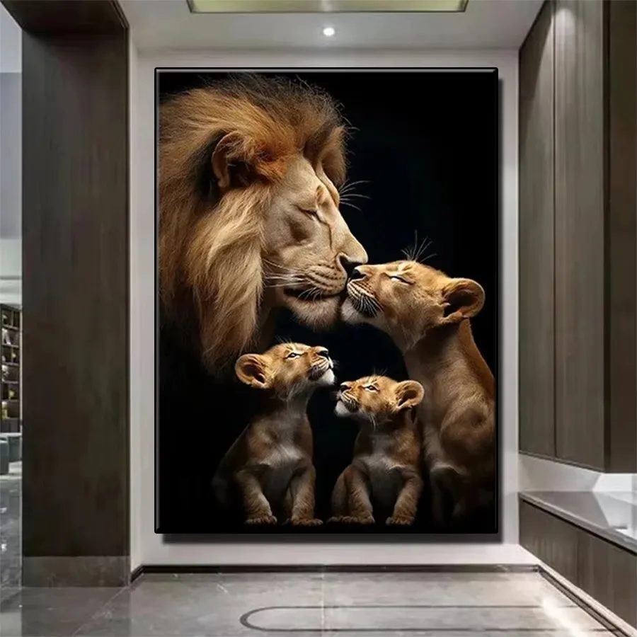 Oil Painting By Number Kit Lion Family Affection Animal Art Canvas Wall Art for Adults DIY Home Decor Gift Frameless