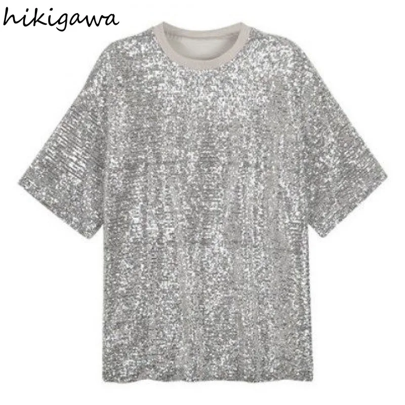 Harajuku Woman T-shirts 2024 Ropa Mujer Summer Camisetas O-neck Short Sleeve Tees Y2k Tshirts Sequined Oversized T Shirt Tops