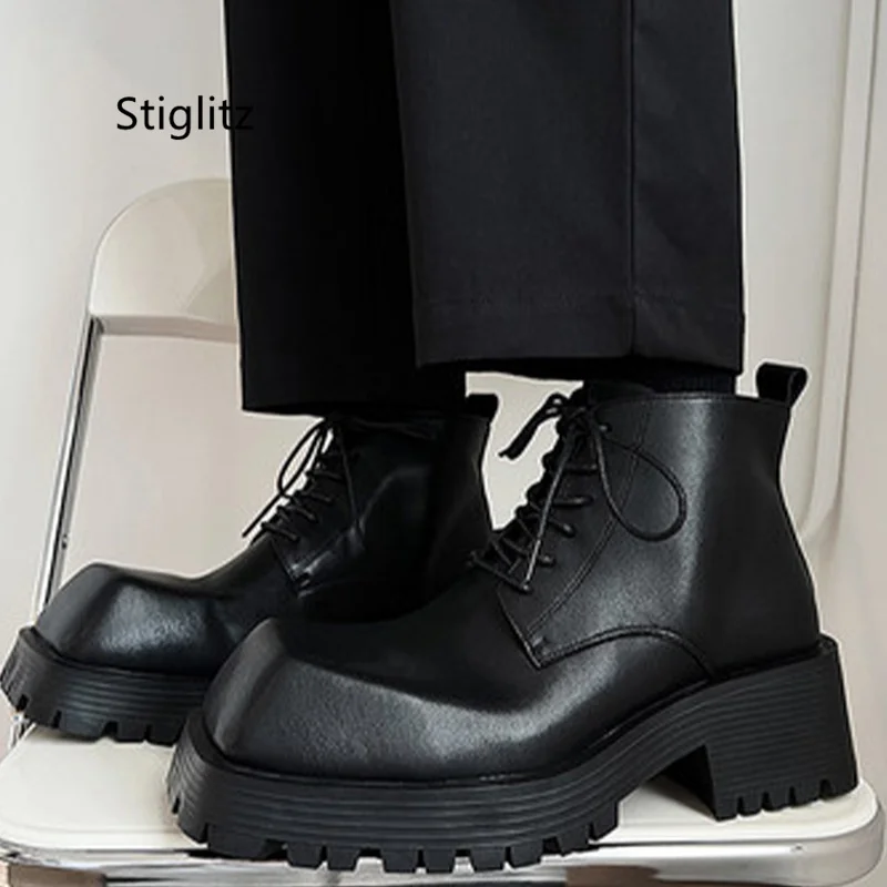 

British Style Square Toe Ankle Boots for Men Women Black Leather Work Shoes Non-Slip Thick Bottom Motorcycle Boots Hard-Wearing