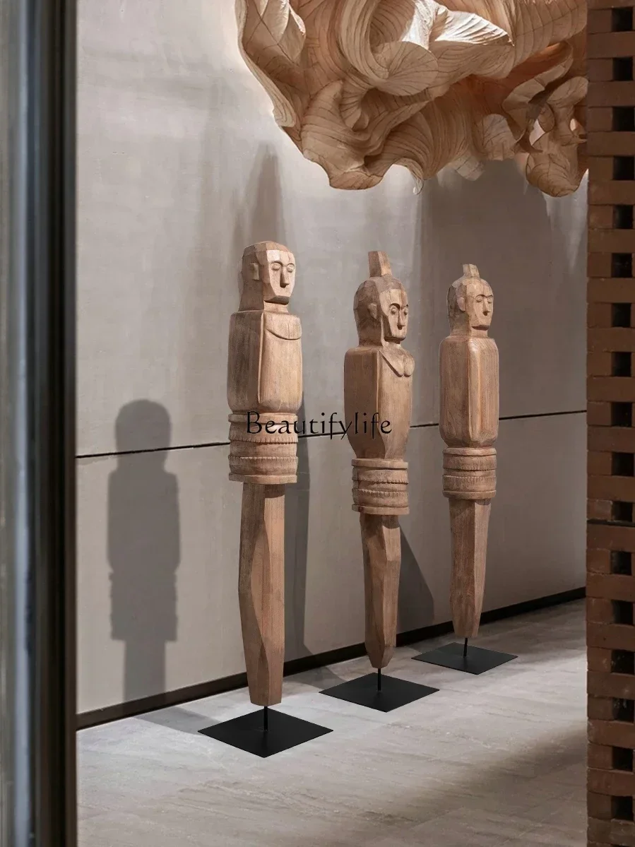 Wood carving craft classical abstract figure sculpture artwork hotel floor decoration