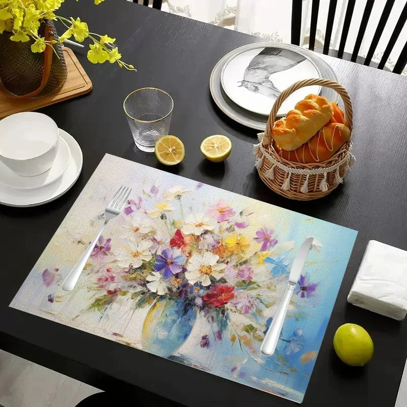 VIKAMA Placemat Watercolor Flowers Lavender Print, Waterproof Oil-Proof Heat-Resistant Dining Table Mat for Home