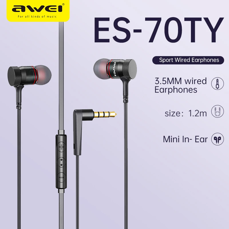 

Awei ES-70TY Wired Earphones 3.5mm With Mic HiFi Stereo Sports Headset Game Music Headphones For iphone Samsung In Ear Earbuds