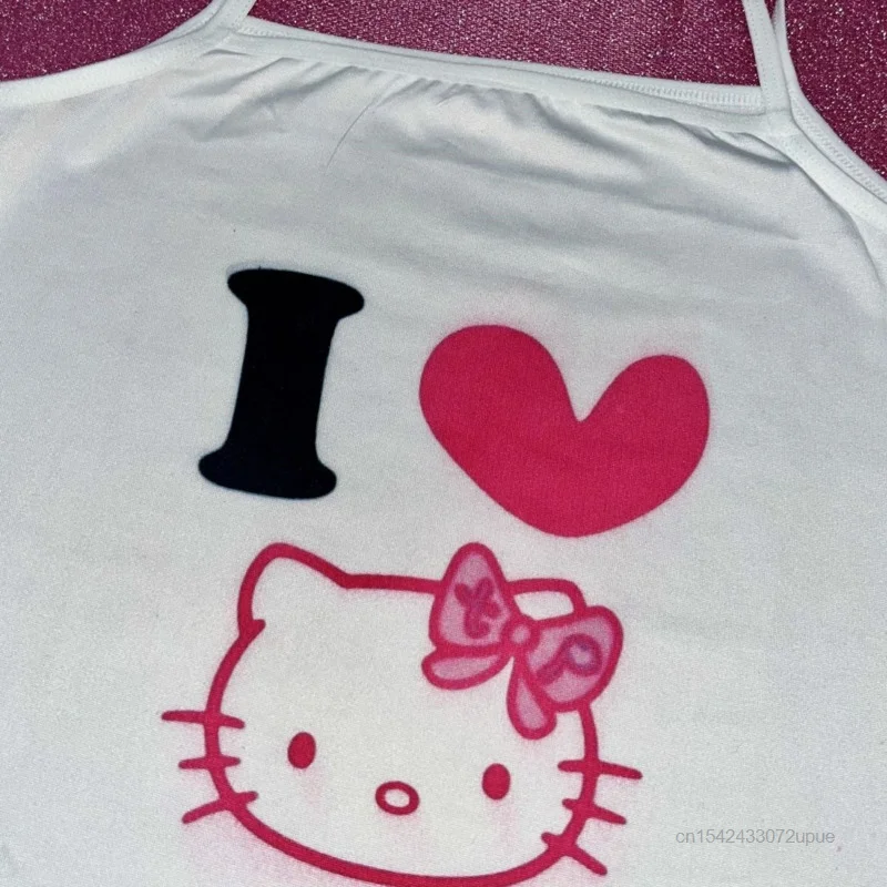 Sanrio Hallo Kitty Hosenträger Frauen Kleidung süße Weste y2k würziges Mädchen weiches dehnbares Tanktop weibliches Cartoon-Druck weißes Leibchen