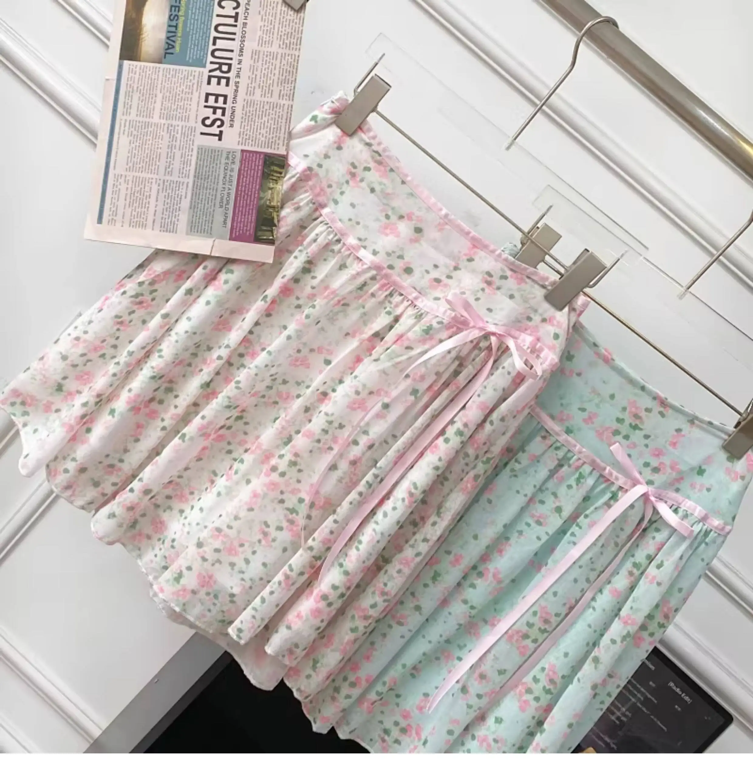 Summer new sweet and fresh chiffon floral tie bow high waist slimming A-line skirts for women