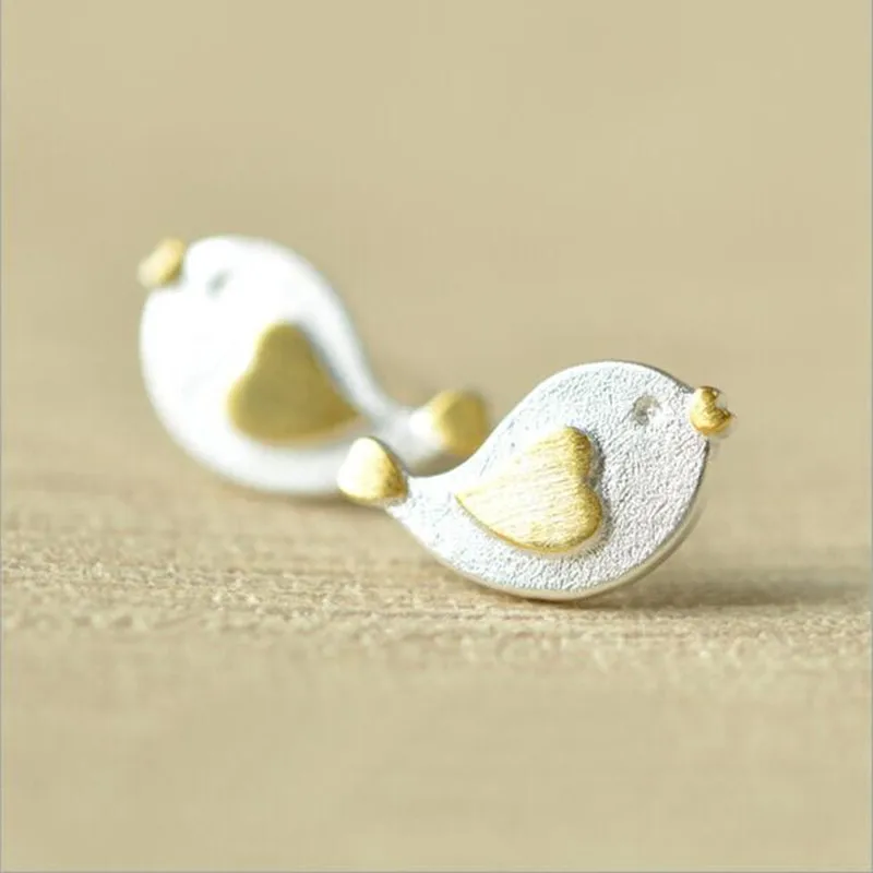 Personality Cute Animal 925 Sterling Silver Jewelry Brushed Bird Heart-shaped Stud Earrings Wholesale  E114