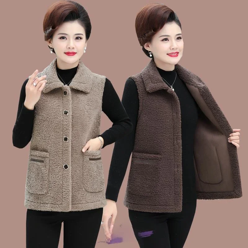

Thickened Lamb Fur Vest Women's Spring Autumn Integrated Leather Fur Chaps Middle Aged And Elderly Warm Outerwear Jacket