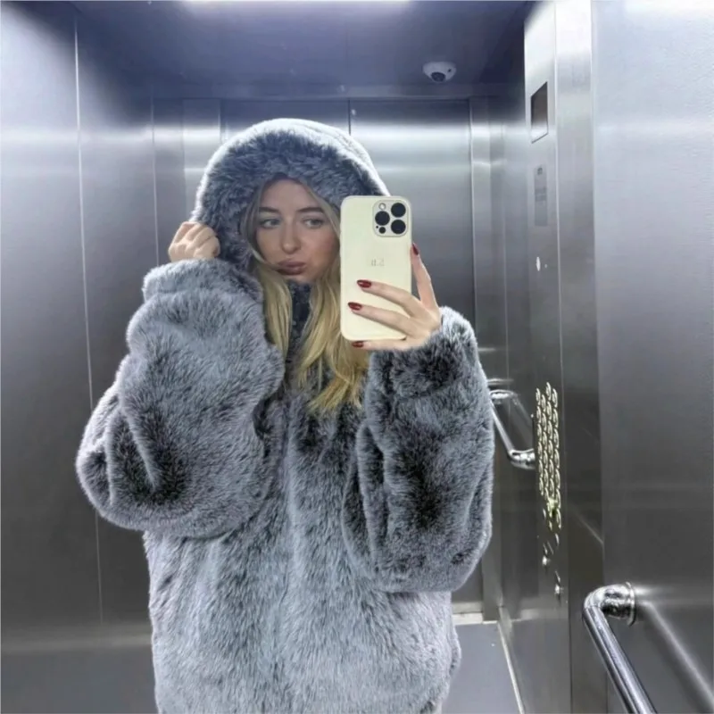 Women's clothing black and white dyed pointed-print gradient color hooded mixed fur coat artificial overcoat
