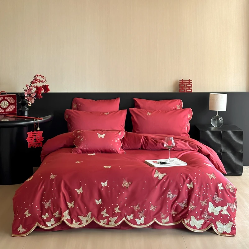 4/5Pcs Gold Butterfly Embroidery Luxury Bedding Set 1000TC Egyptian Cotton Queen King Size Duvet Cover Bed Sheet Pillowcases