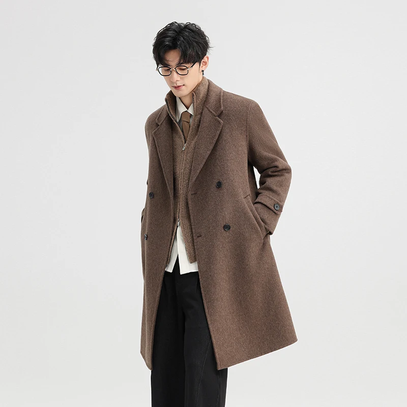 Gentle Men Elegant Cashmere Overcoat Gray Brown Sort Warm Woolen Basic Coat Back Split Double Breasted Design Topcoat Luxury