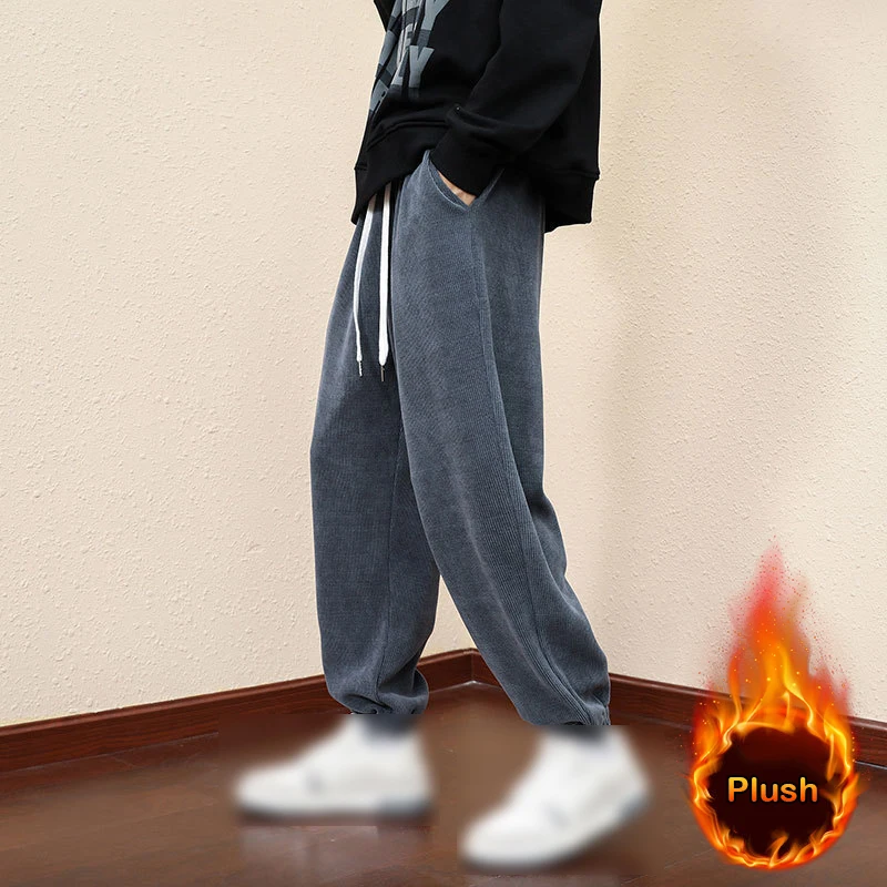 Men Winter Corduroy Drawstring Pants Winter Thick Plush Pants Men Casual Loose Straight Trousers Casual Baggy Sweatpants