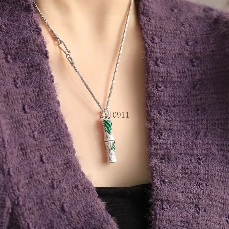 Pie plata esmalte bambú colgante collar feminidad personalidad estilo étnico versátil nueva joyería china