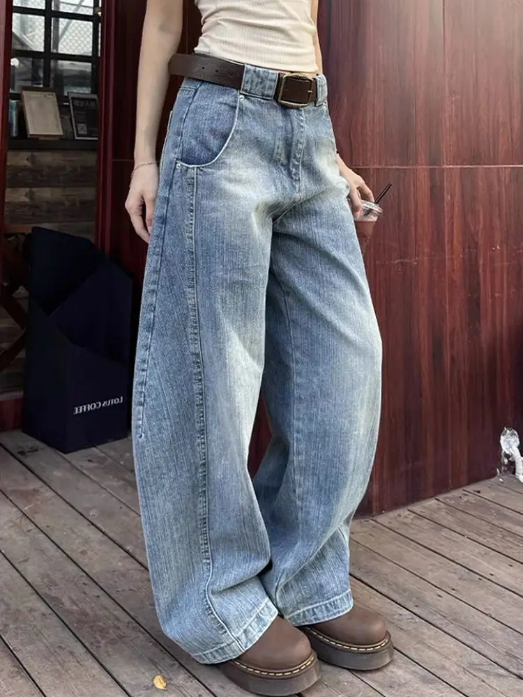 

HOUZHOU винтажные синие мешковатые джинсы женские Harajuku Y2k потертые джинсовые брюки корейские ретро женские Caual широкие брюки уличная одежда