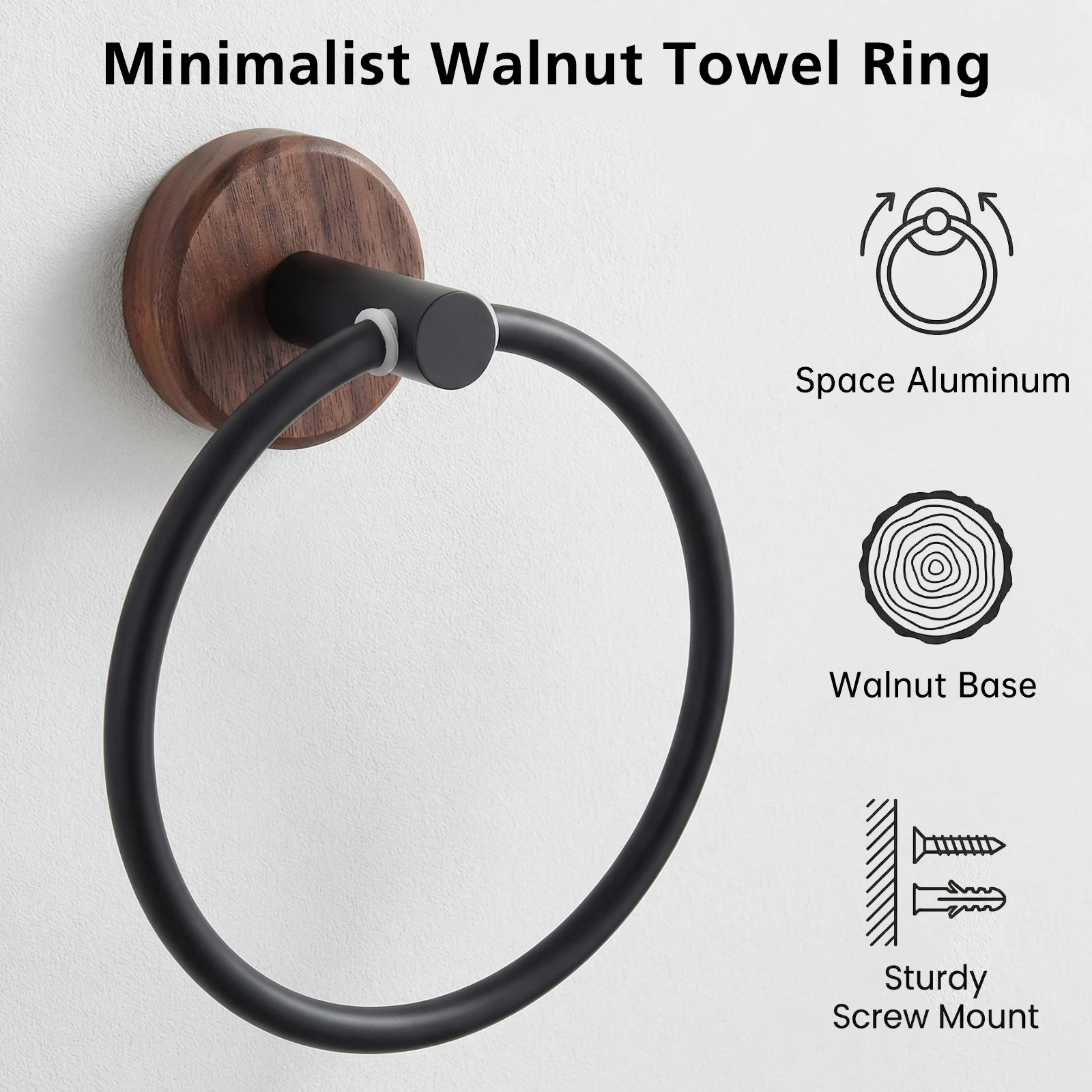 Heavy Duty Wall Mount Towel Racks Upgrade Walnut Wood Base Aluminum Towel Holder Rack Washhand Hanger Ring for Kitchen Bathroom