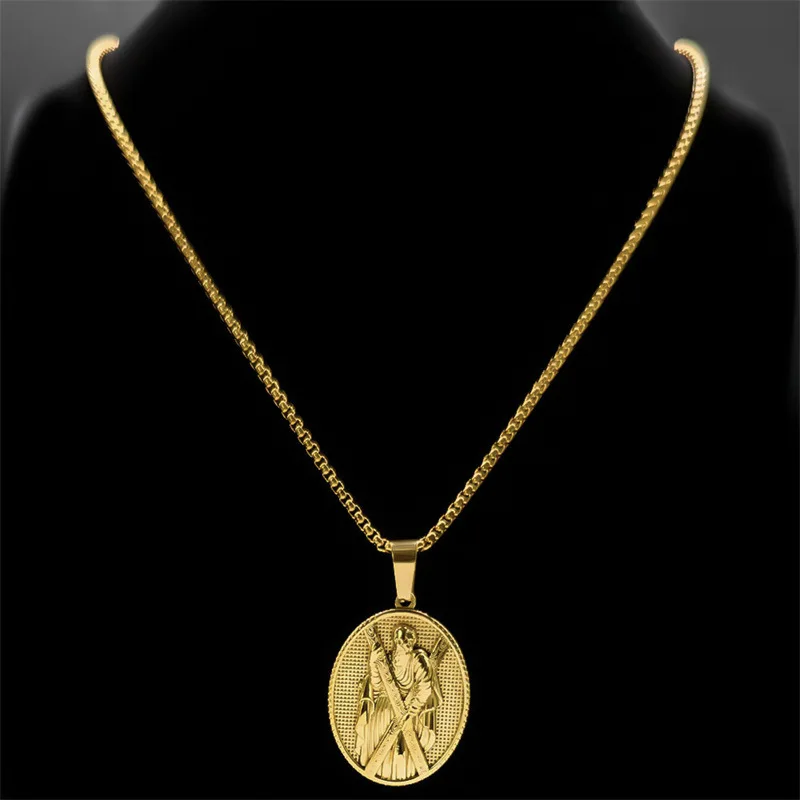 Christian Elements Style Gold Color Stainless Steel Relief Robe Elderly Necklace UNISEX Sacred Believer Necklace