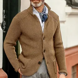 Sweaters Men Cardigan Coat Turn Down Collar Full Sleeve Coats Single Breasted Splice Slim Fit Open Stitch Autumn Winter 2026