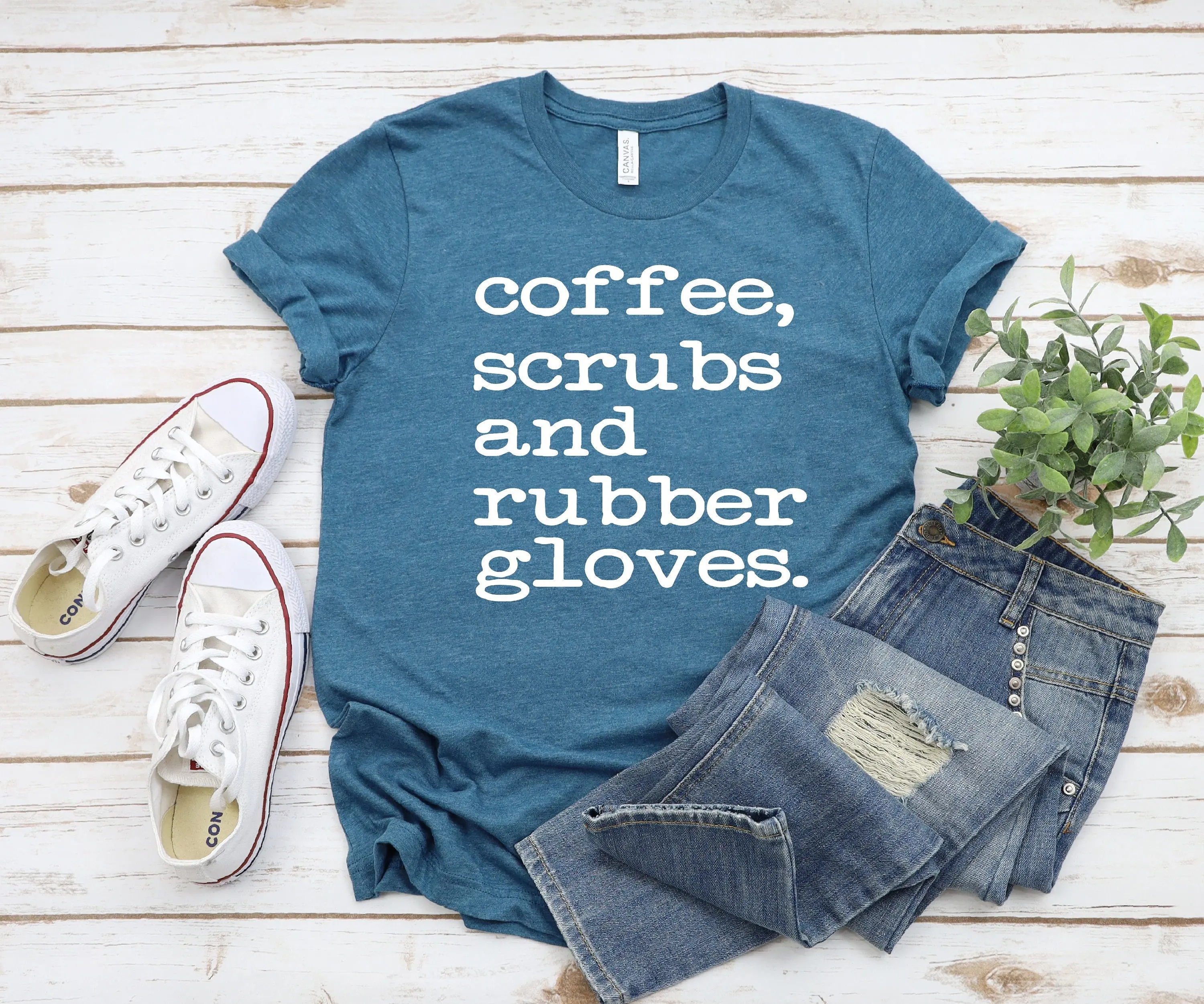 Camiseta de enfermera, exfoliante de café y guantes de goma para la vida Rn, reconocimiento de enfermería