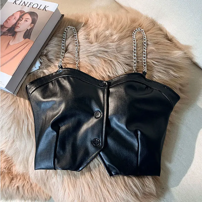 Coffee  leather coat, chain small suspender vest, women's outerwear, layered and sexy short vest,   top