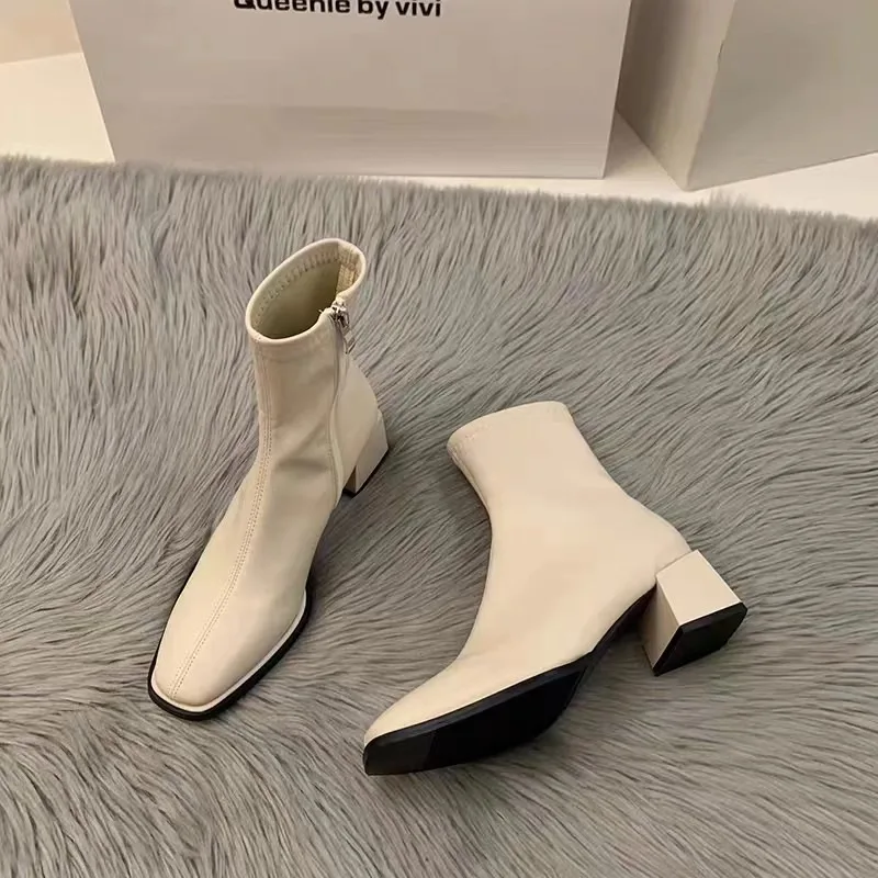 Elastic Socks Boots Fashion Ankle Boots Women High Heel Thicks  Heel Square Toe Short Boots Women Retro New Ladies Shoes