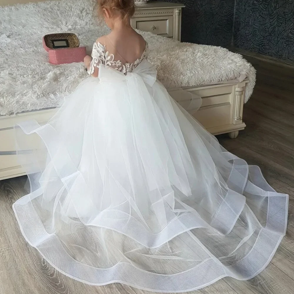 Custom V Back Lace Bow Removable Tail Flower Baby Girl Dress for Wedding Party Little Children Wedding First Communion Gown