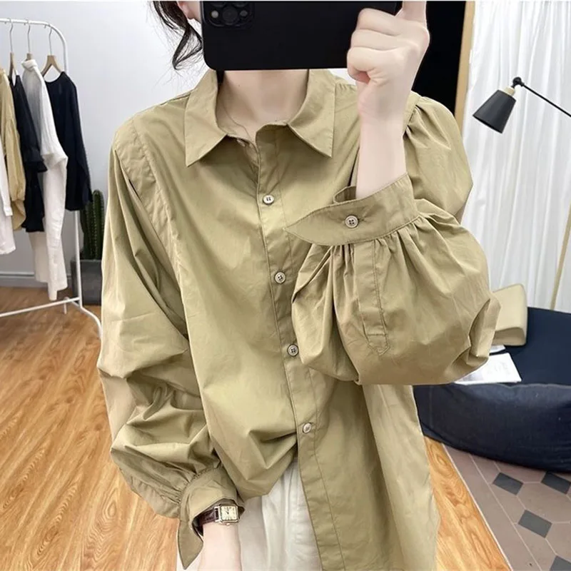 

Advanced Femme Lantern Long Sleeves Shirt Jacket Spring Autumn Women Solid Color Shirts Retro Lady Fashion Cardigan Blouse Tops