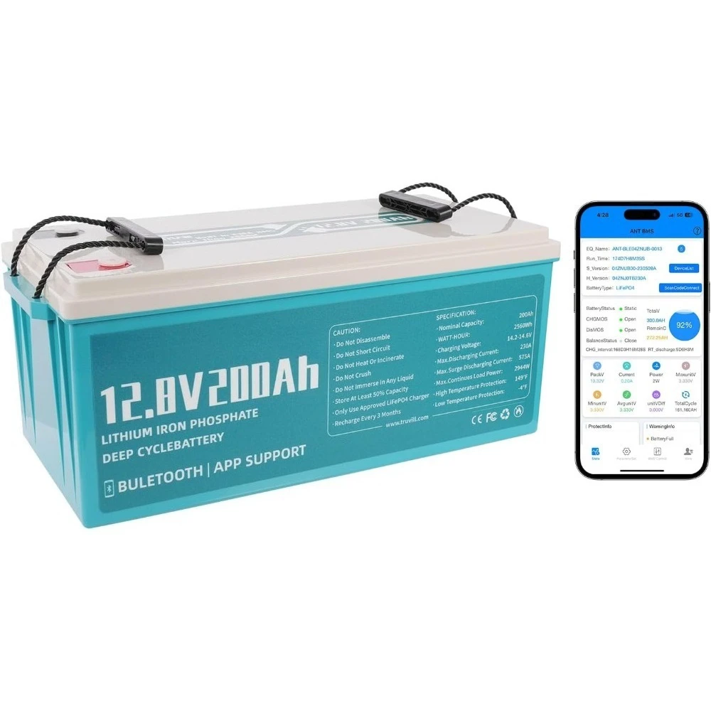 12V 200Ah LiFePO4 Battery Smart Bluetooth Lithium Batteries 2944W Power Output 230A Smart BMS 8000+ Deep Cycle with Batteries