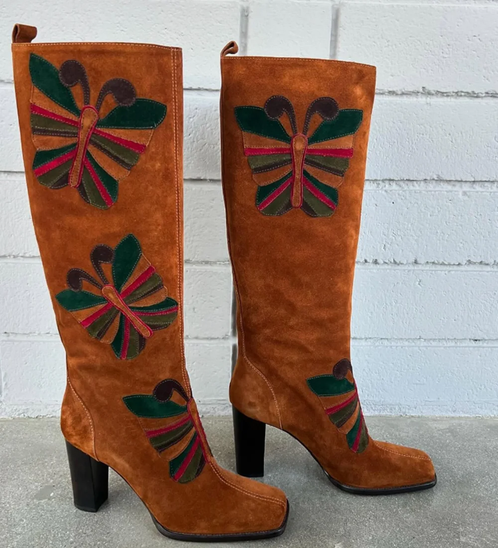 Retro Brown Suede Knee-High Boots Colorful Butterfly Patches Square Toe Block Heel Western Style Boots for Fall Casual Looks