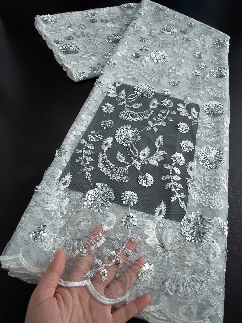 

French Tulle Mesh Lace Fabric Wedding Dresses Nigerian Lace Embroidered Fabric with Sequins High Quality For Women,2.5yards 4521