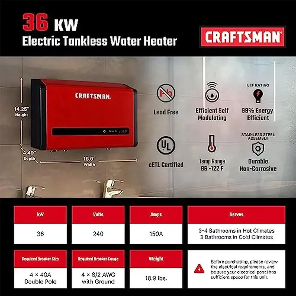 Electric Tankless Water Heater 36kW 240V Self-Modulating Touch Screen Whole House Hot Water 7.2 GPM Low Profile Design Easy