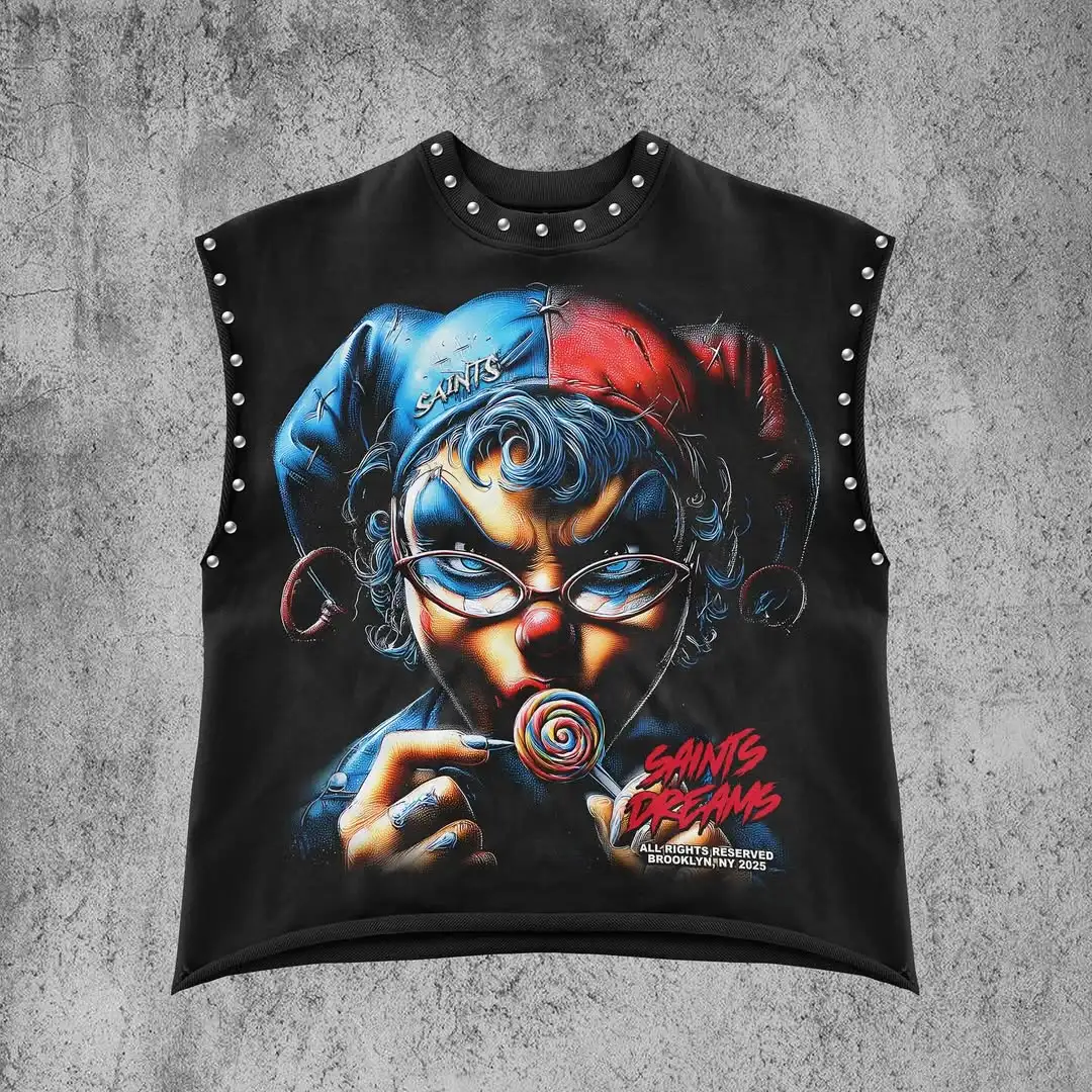 

Темный жилет без рукавов с готическим забавным узором и принтом, индивидуальные хлопковые футболки без рукавов в стиле панк для пары, футболки в стиле ретро