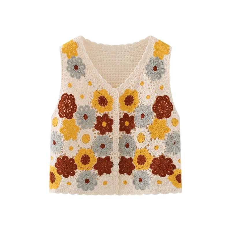 Embroidery Floral Crochet Tank Top Sleeveless V-Neck Button Front Vest Blouse Cardigan Women Summer Fairycore Cottagecore Outfit