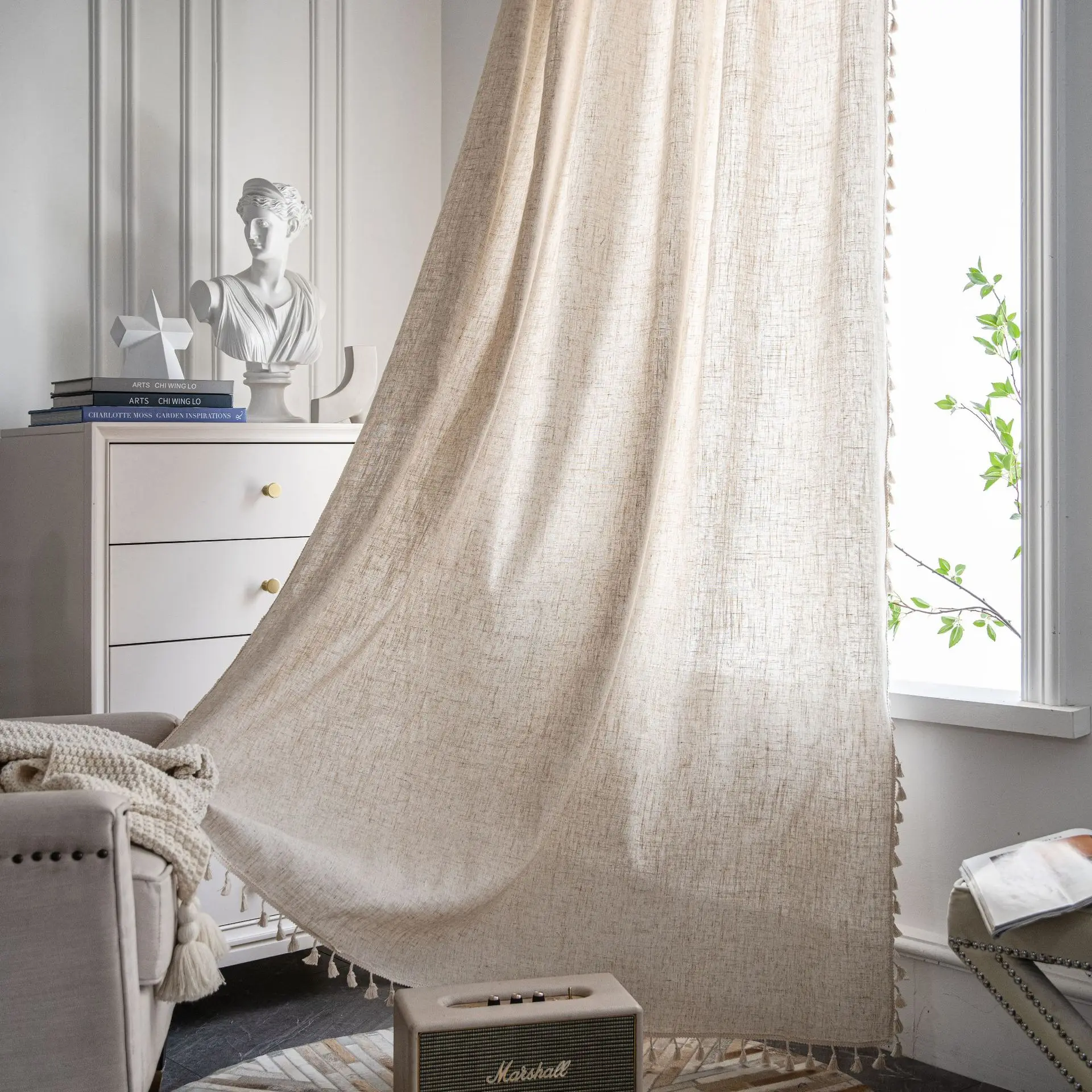 Linen Blending Jute Lace Curtains Road Pocket Shade Curtain Tassel for Kitchen Bedroom Living Room Bay Window Cabinet Curtain