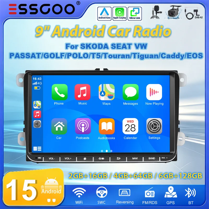 ESSGOO 9" Android15 Autoradio 2+16G /4+64G /6+128G für VW Golf 5 6 Passat Polo Touran Tiguan Caddy Eos T5 Seat Skoda Wireless Carplay Android Auto GPS Navi RDS FM Wifi Bluetooth Mirror Link