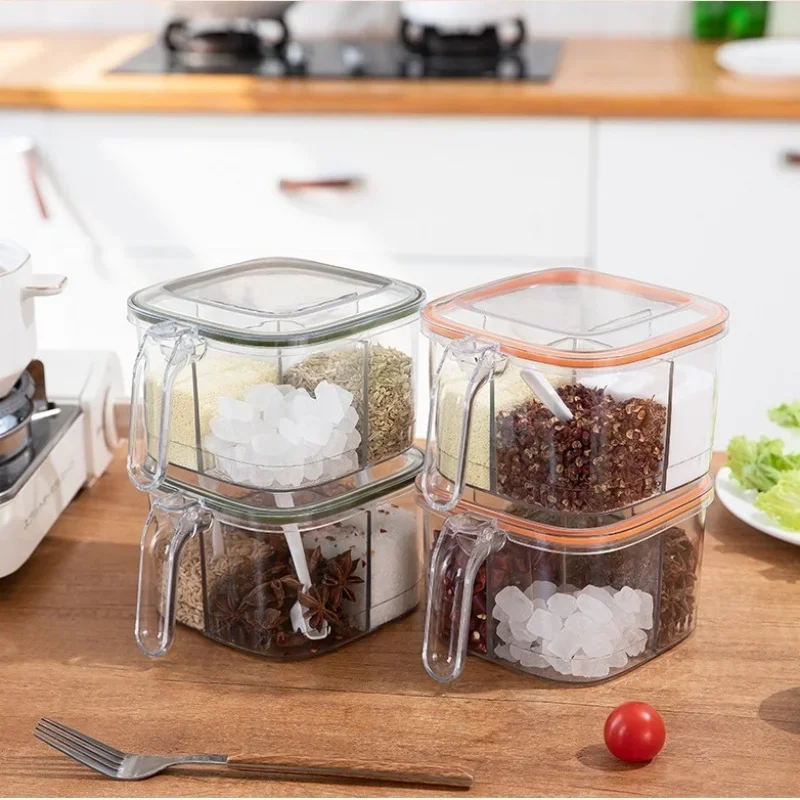 

4 Grids Salt Pepper Seasoning Box Transparent Lid Spice Jar Chili Powder Sugar Bowl Condiments Storage Container Kitchen Gadgets