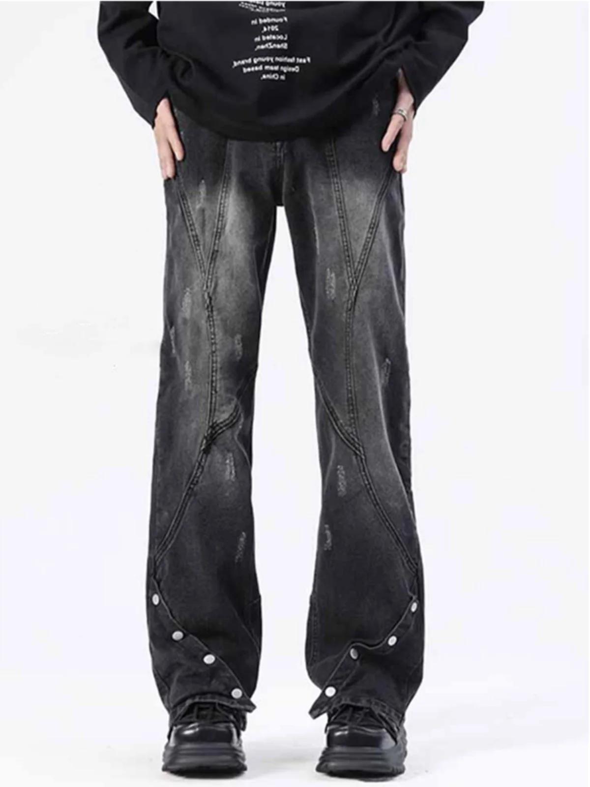 

Мужские джинсы-клеш American High Street Heavyweight: модные, свободные, черные, с эффектом потертости, на пуговицах, повседневные брюки для молодежи, весна