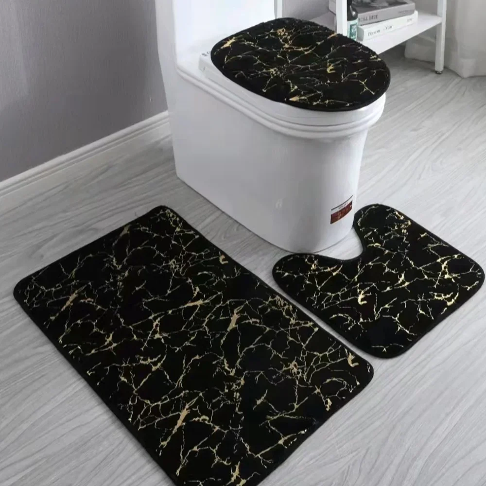 3PCS Non-slip Soft Bathroom Mat Toilet Cover Carpet Three-piece Polyester Soft Breathable Washable Reusable Bathroom Carpet Set