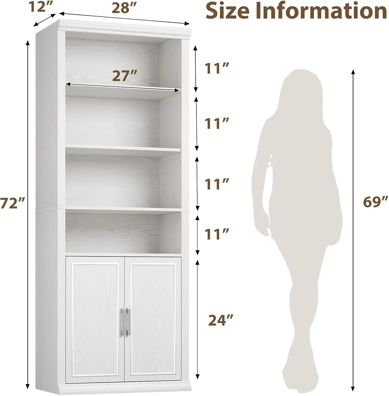 28 Inch Wide Freestanding Bookcase with Enclosed Doors, Indoor Storage Display Bookshelf for Home Living Room Study Office, White