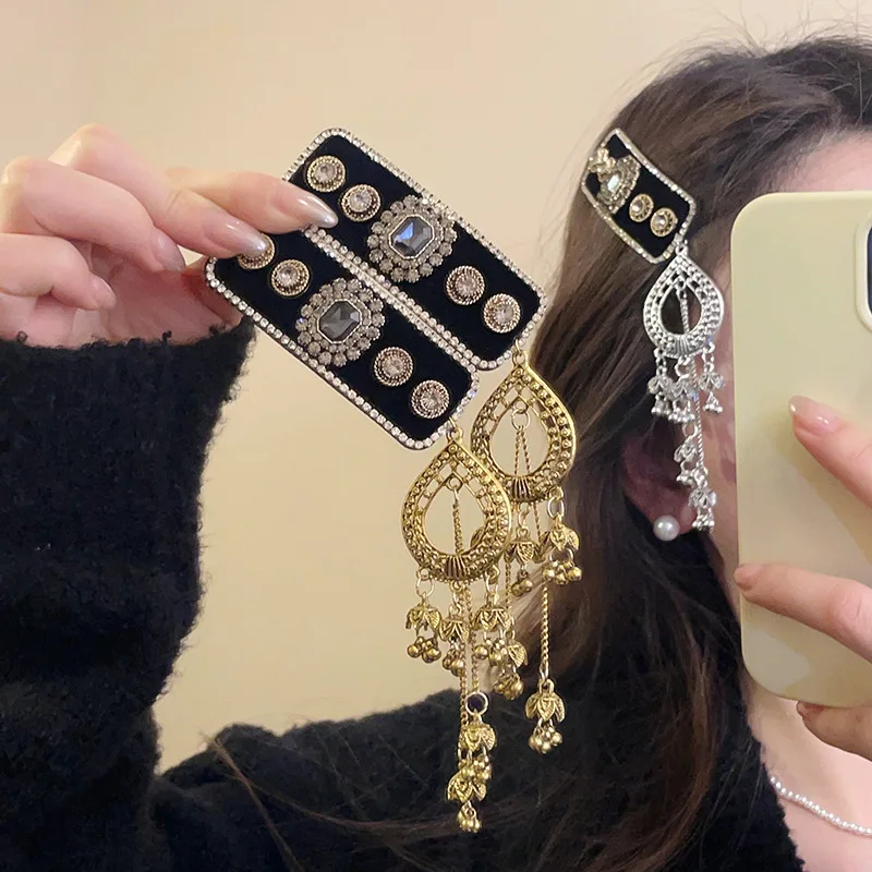 Strass Ethnische Beflockung Quadrat Wasser Tropfen Geometrische Muster Fransen Haar Clips Seite Pony Clip Retro Temperament Zubehör