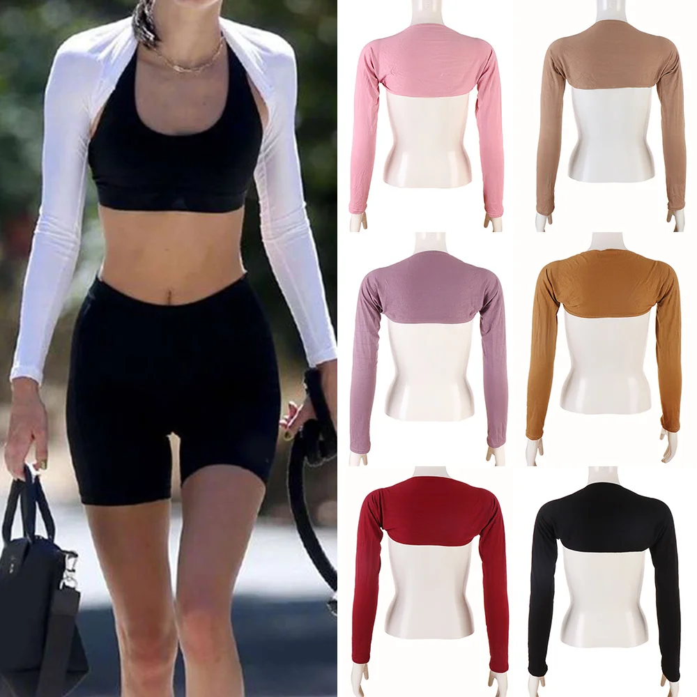 Women Long Sleeves Elastic Sun UV Protection Hand Cover Solid Color Open Front Cropped Cardigan Top Running Sports Arm Sleeve