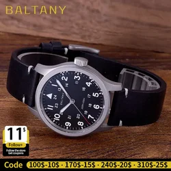 Baltany Men Quartz Field Watch S2082 10-Year Life Battery Luminous Leather Sapphire Stainless Steel Date Retro Military Watches