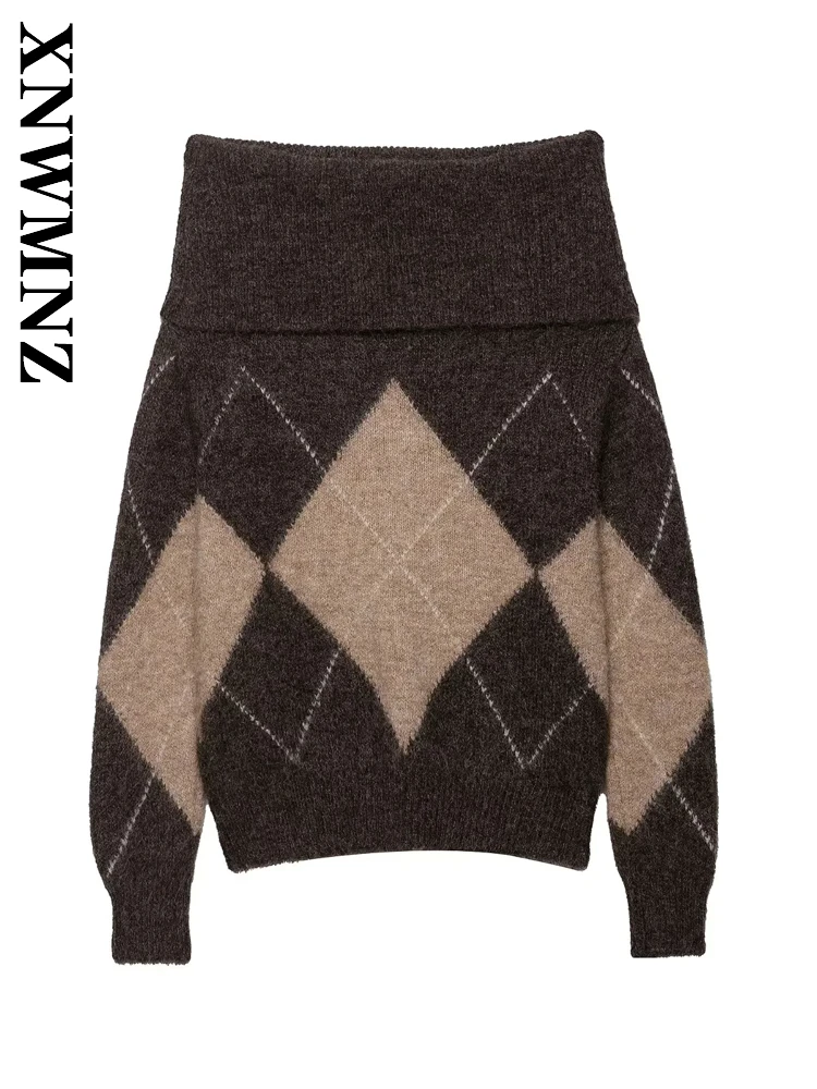 XNWMNZ 2025 Autumn New Lady Fashion Casual Long Sleeve O-Collar Knitted Long Sleeve Top Vintage Commuting Woman's BROWN Pullover