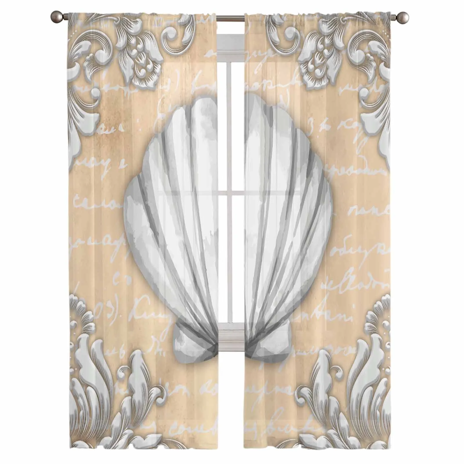 Text Stone Carving Shell Natural Color Sheer Curtain Living Room Drapes Home Bedroom Voile Curtain Tulle Window Curtain