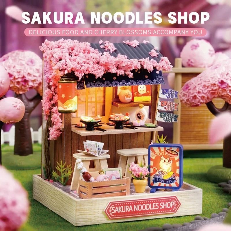 DIY Wooden Miniature Building Kit Sakura Noodles Shop Led Light Assembled Dollhouse Bookshelf Home Decoration Building Block Kit