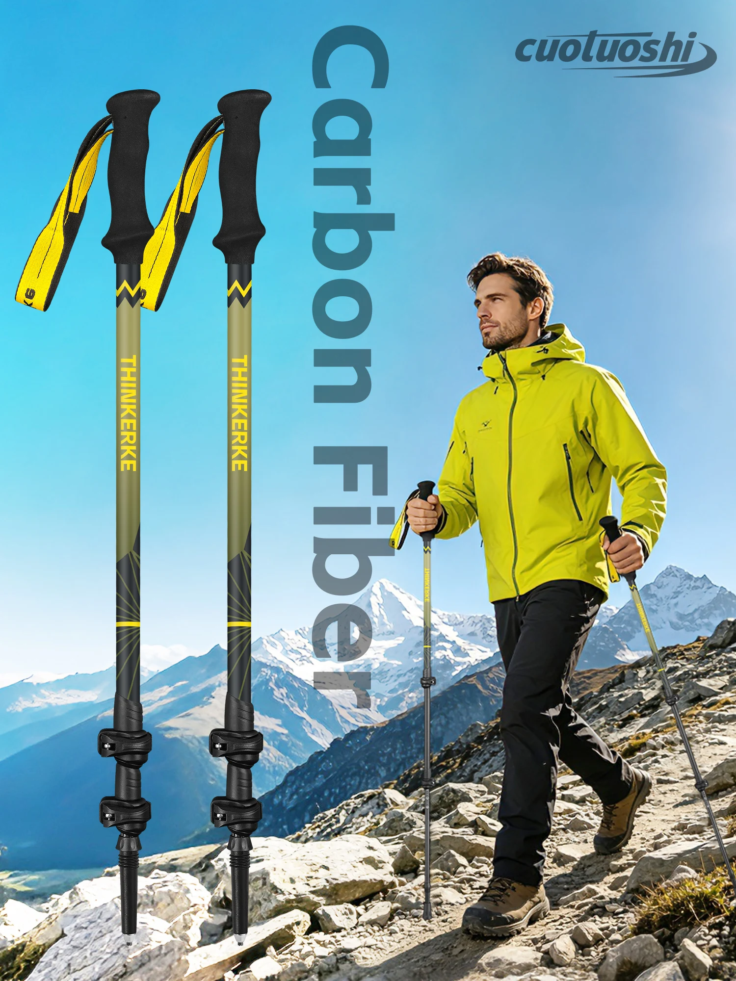 3K Carbon Fiber Trekking Pole, Hiking Stick, Nordic Walking Stick, Three-Section Telescopic, Adjustable Length, Eva Handle Absorbs Sweat and Is Non-Slip, Outdoor Hiking and Camping Equipment