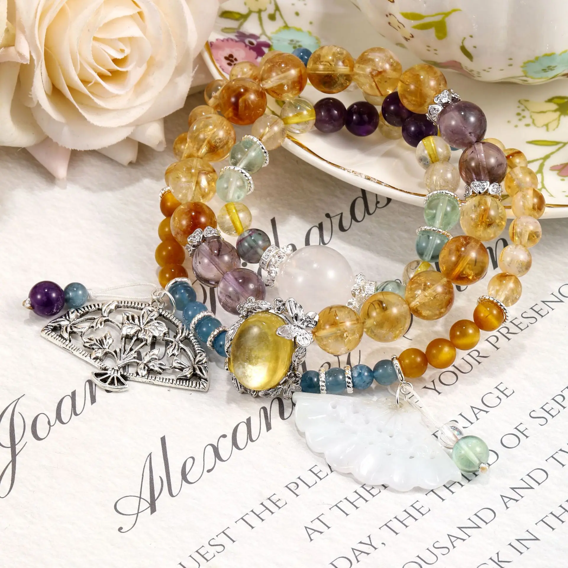 

Natural Aquamarine, Golden Lepidolite, Jadeite Fan, Crystal Bracelet