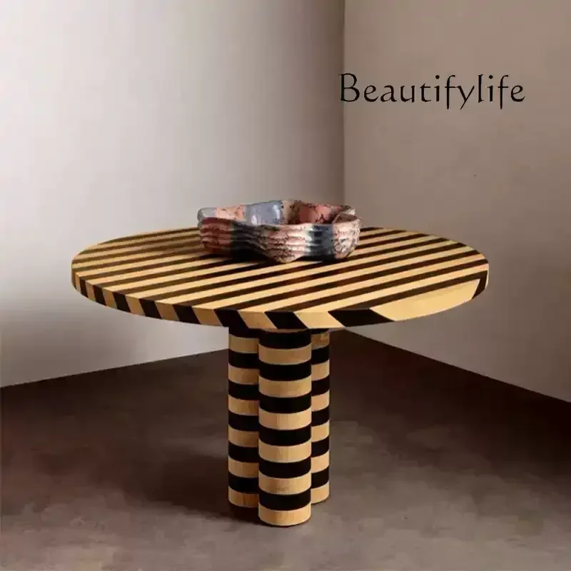 

Medieval style retro round solid wood cream style dining table wabi-sabi style Italian minimalist hand-painted table